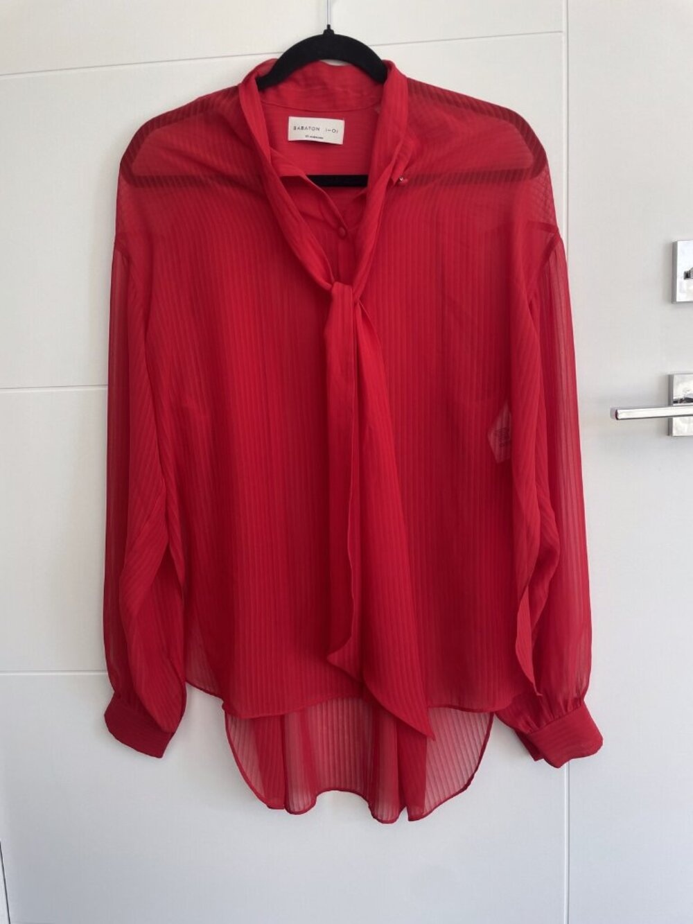 Babaton Aritzia Sheer Tie-Neck Bow Blouse Red Striped — XS